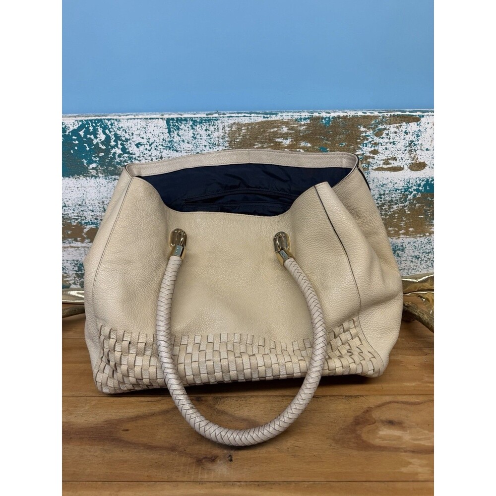 COLE HAAN BENSON NOVELTY WOVEN & PEBBLED LEATHER LARGE TOTE CREAM COLOR